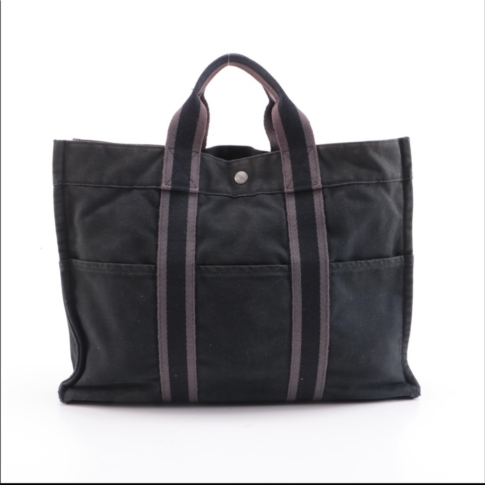 Hermes Fourre Tout MM Tote in Black/Grey Cotton Canvas